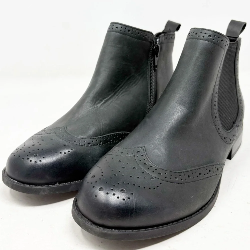 Vionic Sawyer Black Leather Wingtip Brogue Chelsea Ankle Boots Women's 8